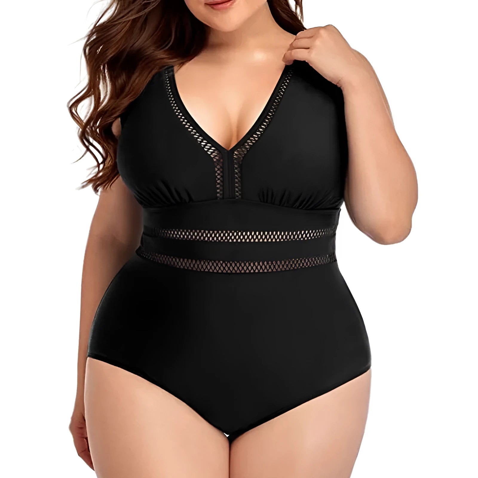 Black printed plus size women's bikini swimsuit with mesh stitching, shown on a model.