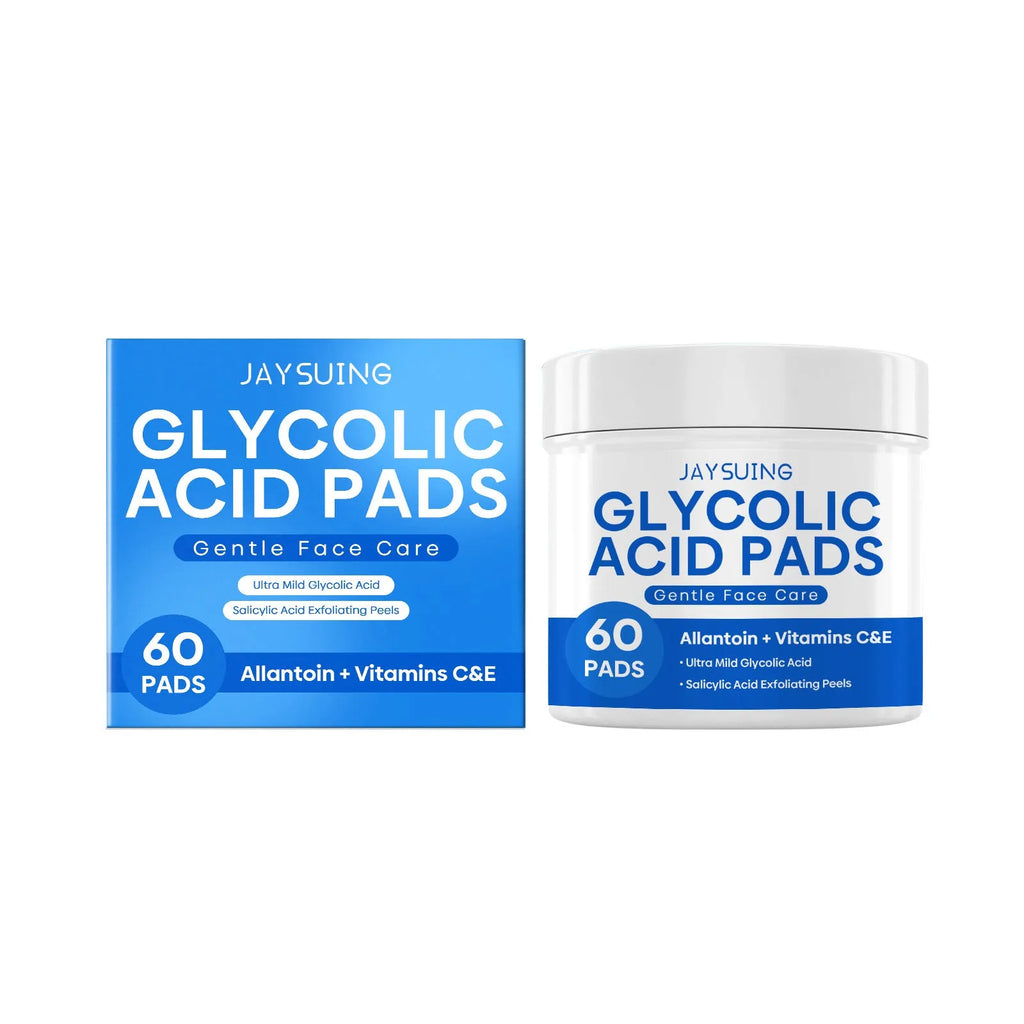 Pack of 60 glycolic acid pre-soaked exfoliating cotton cloth pads for skincare.