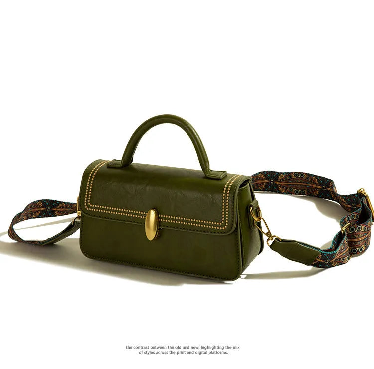 Brown retro messenger bag with sandwich pocket design and sewing thread detailing