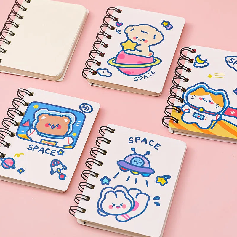 Astronaut flipped portable pocket flipper notebook showing space-themed cover designs at 10.5x8cm