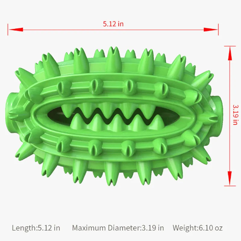 Green cactus-shaped dog toothbrush toy with textured bumps and a central treat channel on a white background.