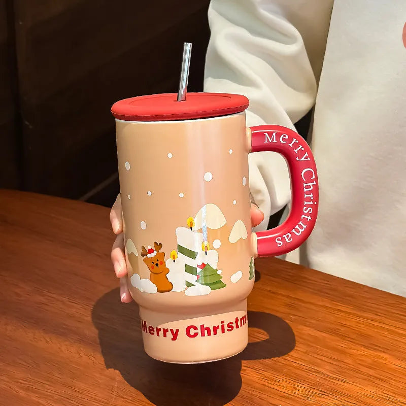 800ml white porcelain Christmas ceramic mug with cartoon pattern, cylindrical single-layer shape, microwave safe