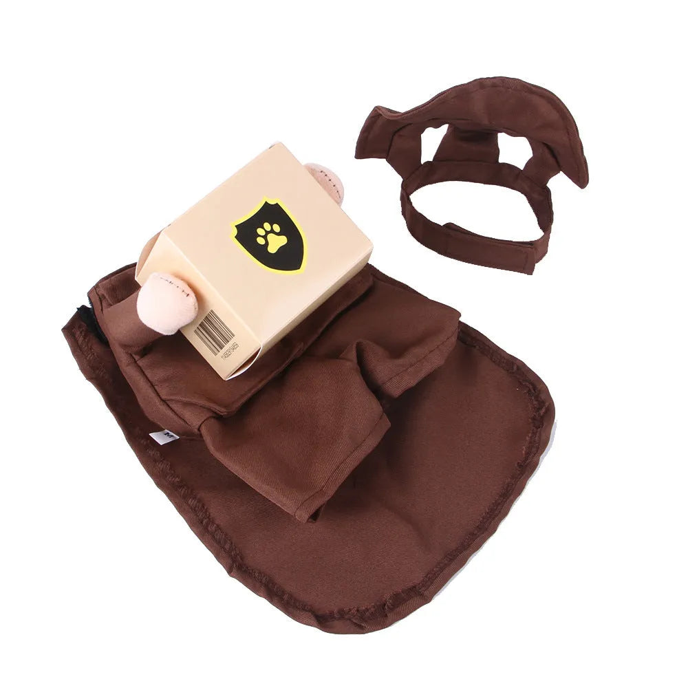 Coffee-coloured courier uniform style dog clothing on a pet, showing the polyester fabric and full outfit design.
