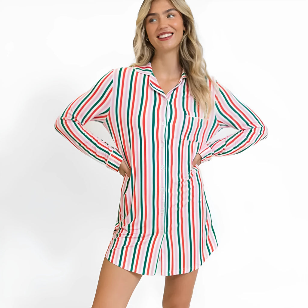 Women's striped Christmas long-sleeved dress in pink stripes made of polyester fibre