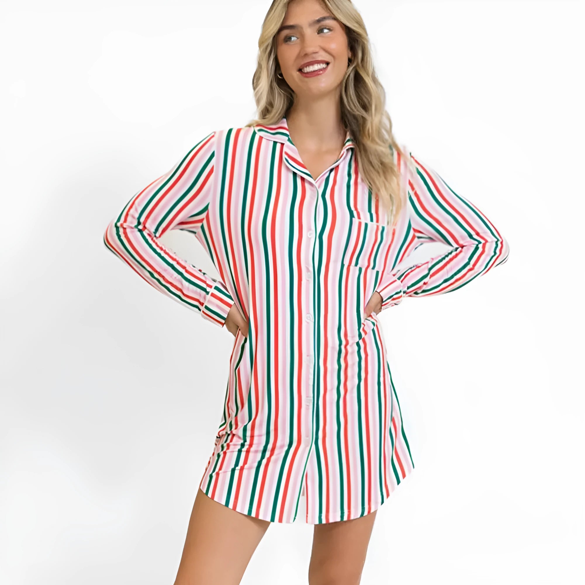 Women's striped Christmas long-sleeved dress in pink stripes made of polyester fibre