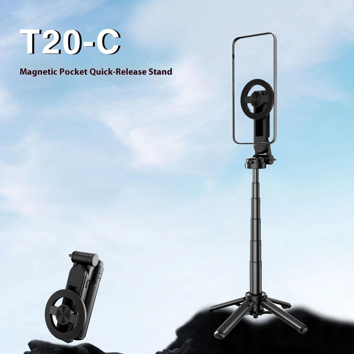Black 44 cm MagSafe telescopic phone bracket with 15 m Bluetooth remote control and accessories