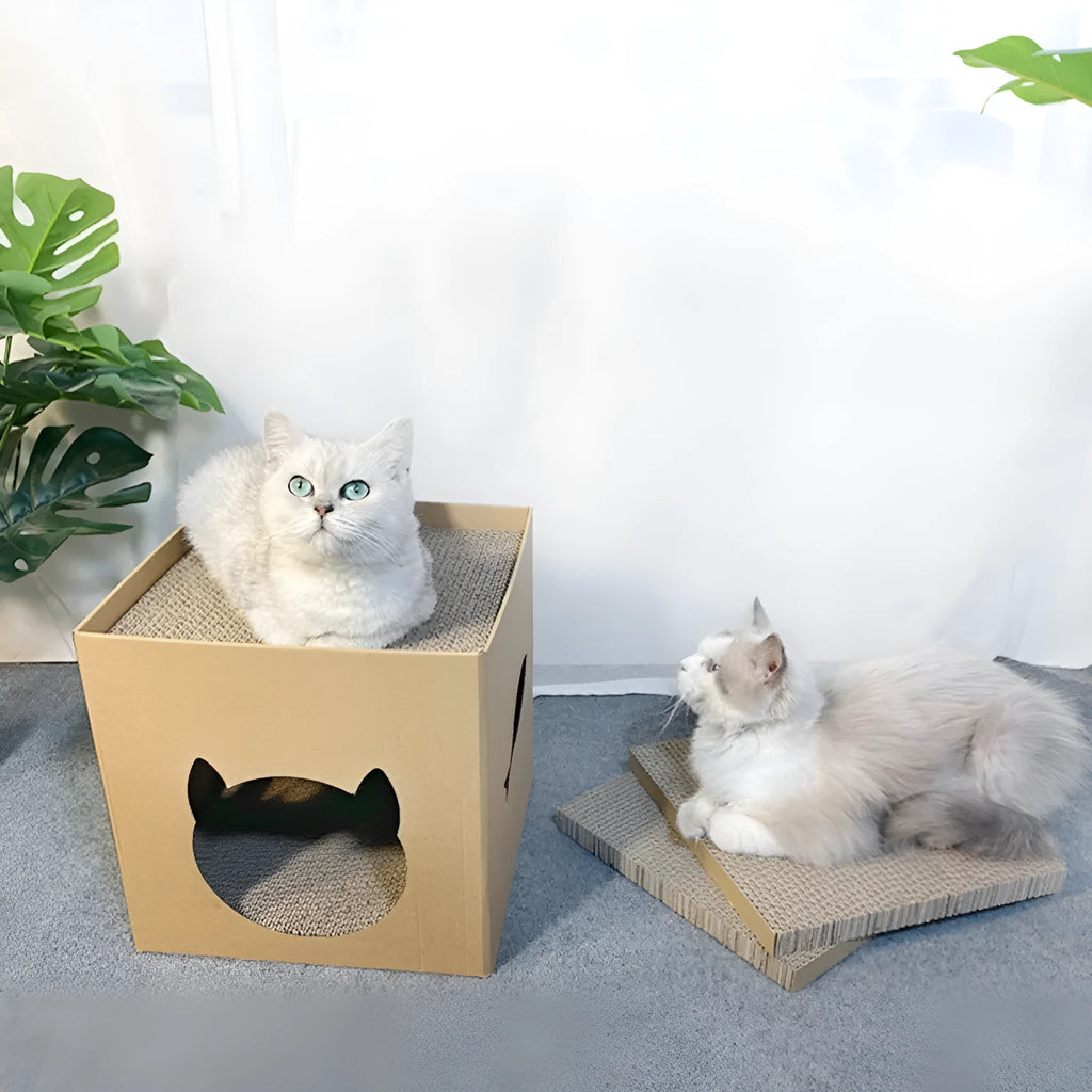 Square corrugated paper cat scratch board with built-in box house in pet milk carton colour