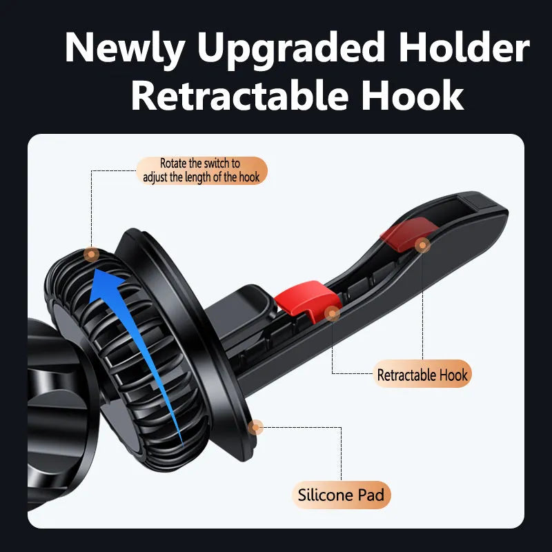 Car air vent magnetic phone holder with snap-on clip in black or silver colour