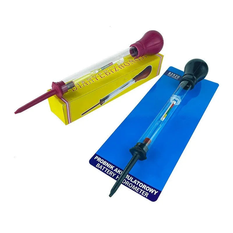 Glass automotive battery electrolyte hydrometer with red and black bulbs, 330mm long.