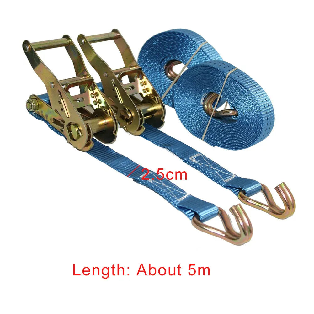 Steel ratchet tensioner tool with a black polyester strap and double metal hooks for securing cargo.