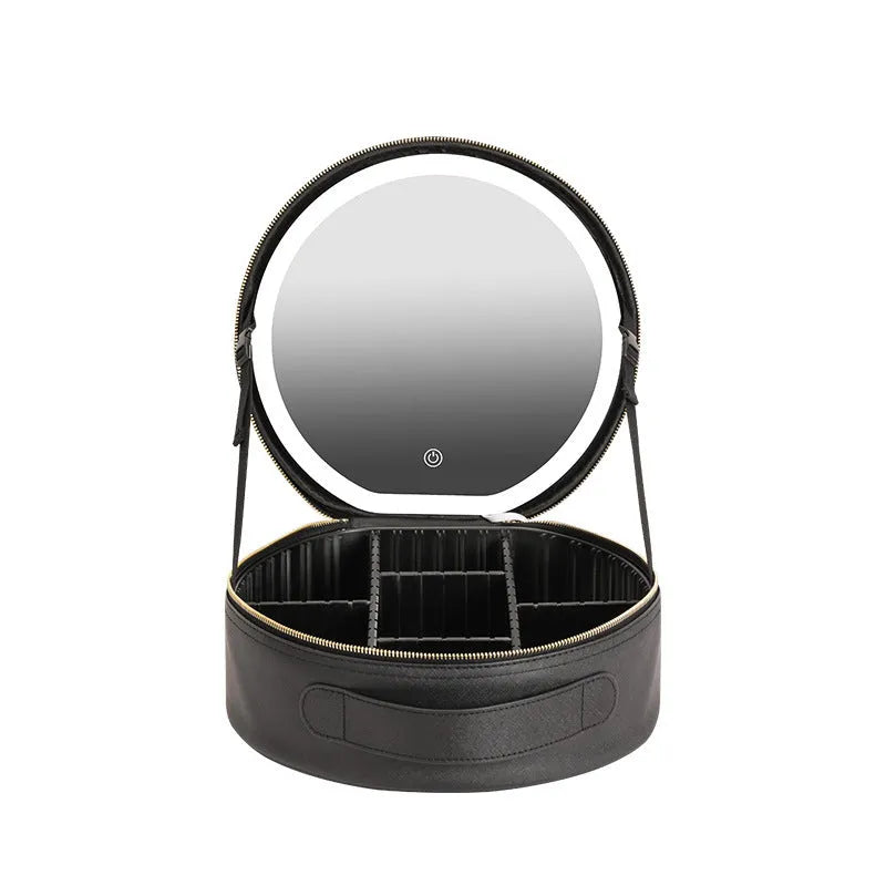 Round pink PU leather LED makeup bag open showing internal mirror, lights, and lattice partitions.