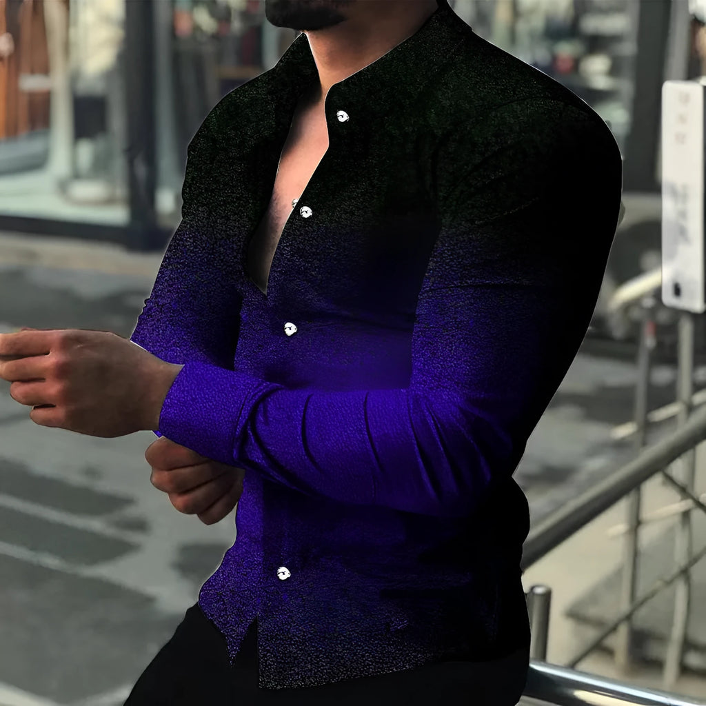 Men's slim fit gradient cardigan in blue with long sleeves and button front, shown on model