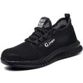Men's low-top Flyknit work shoes with a steel toe cap in black, grey, and yellow colour options.