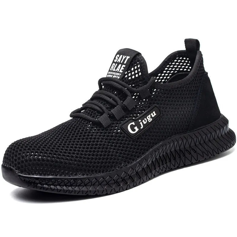 Men's low-top Flyknit work shoes with a steel toe cap in black, grey, and yellow colour options.