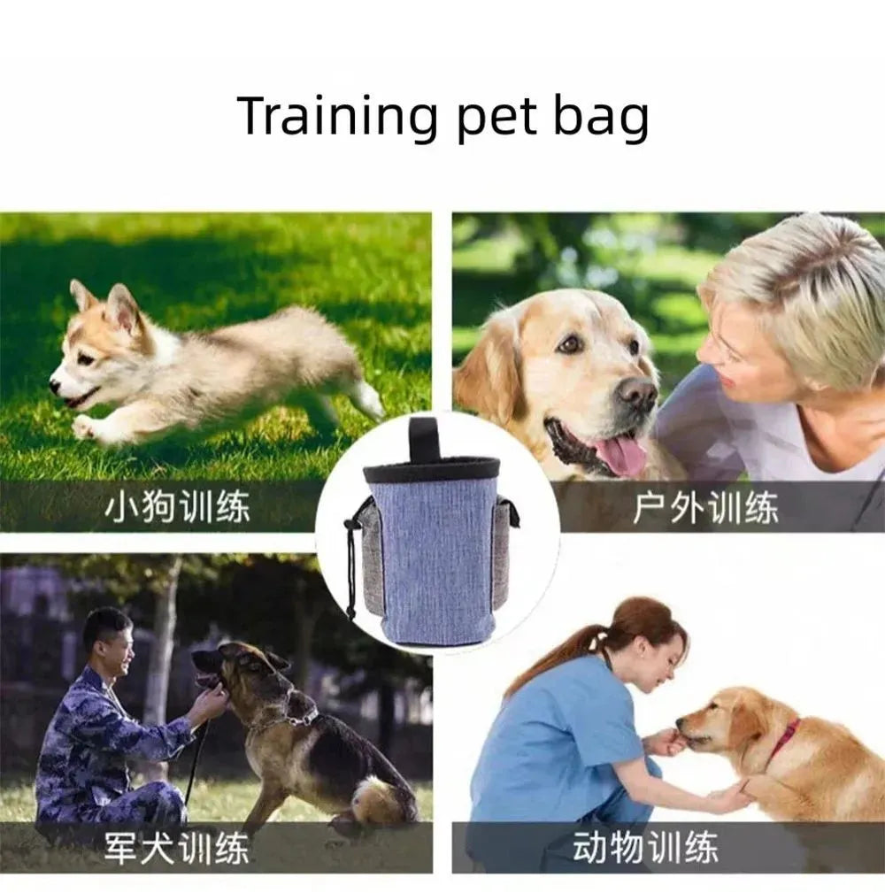 Adjustable elastic pet waist bag in blue colour with waterproof cloth compartments and plastic side clips
