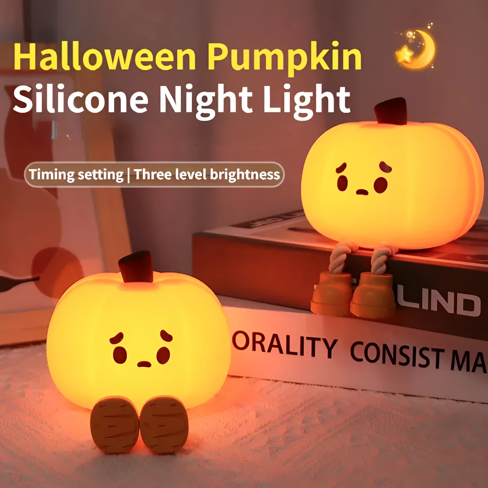 Pumpkin-shaped silicone night light with soft orange glow on wooden bedside table