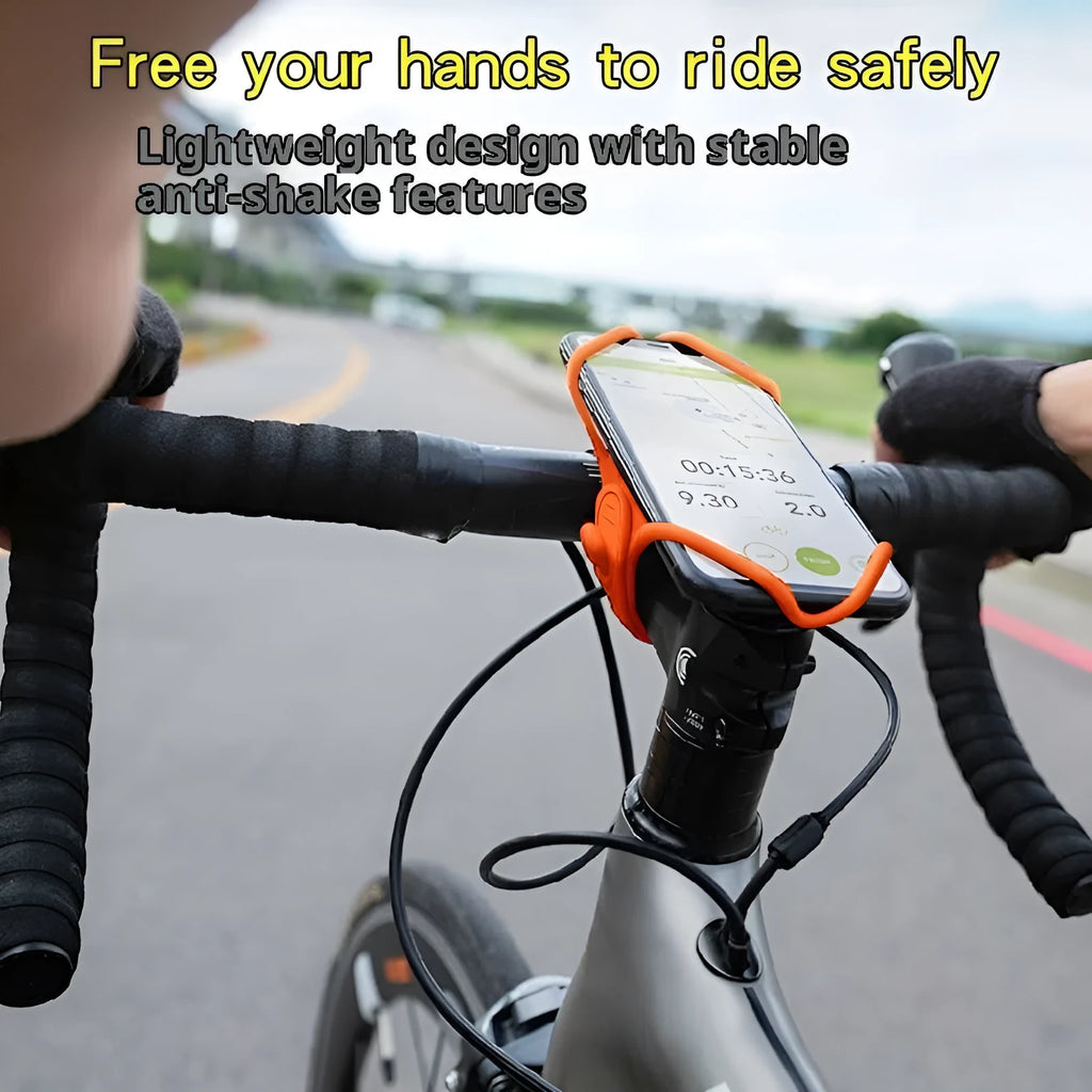 Universal adjustable road bike phone mount in black plastic attached to handlebars
