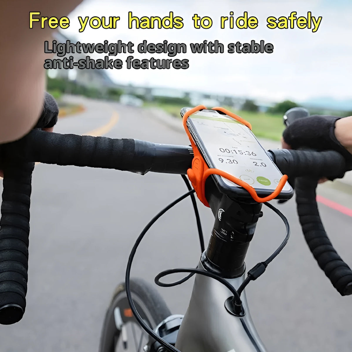 Universal adjustable road bike phone mount in black plastic attached to handlebars