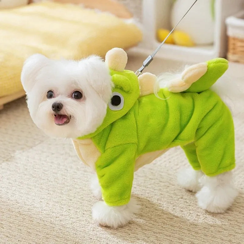 Green fleece dinosaur costume for small dogs with four legs, white chameleon back, and cartoon eyes