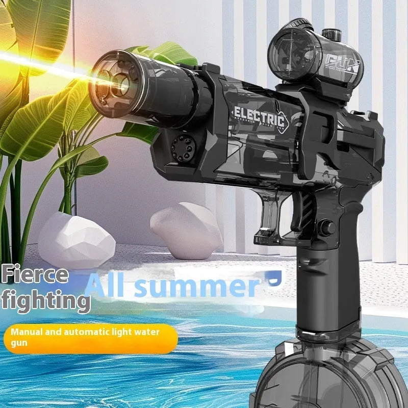 Electric water pistol with light effects showing automatic water feeding system