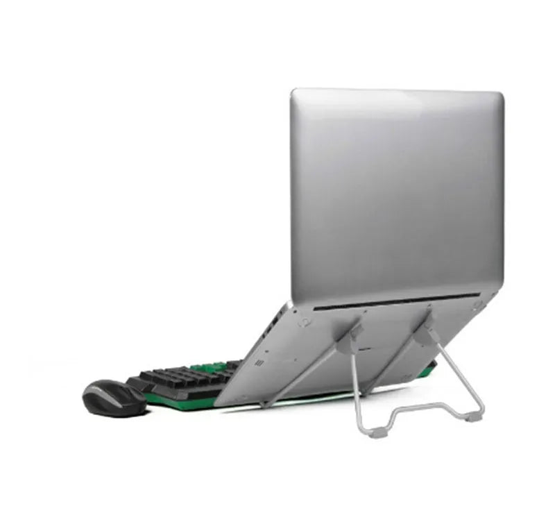 Grey foldable aluminium and plastic adjustable stand holding a mobile phone and a tablet at an angle.