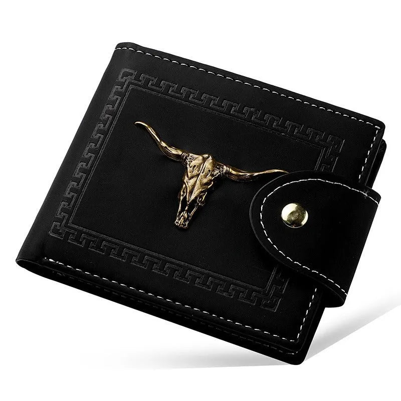 Black men's short wallet with animal pattern, zipper closure, and multiple card slots in PU leather