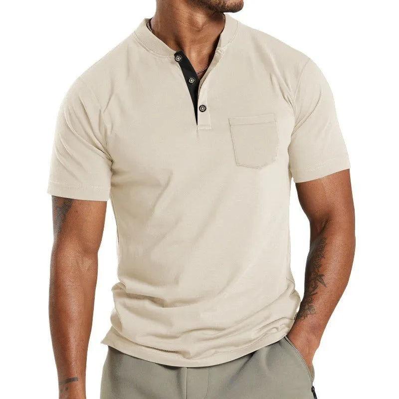 Men's plus size short sleeve polyester shirt with a button pocket in a solid colour