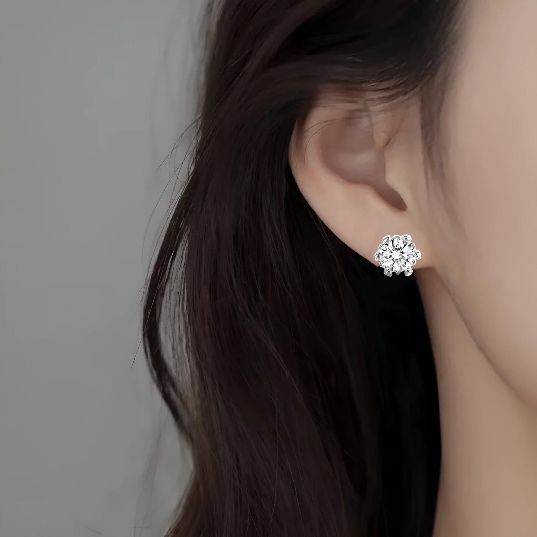 Silver brass zircon stud earrings heart shape hexagonal star design classic six-claw setting on white background