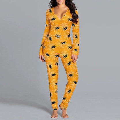 A comfortable and stylish Halloween-themed cotton pajama jumpsuit with long sleeves, available in a variety of festive colors.