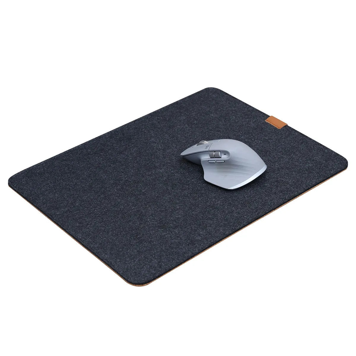 A grey and black felt cork desk mat with a mouse on it, shown on a wooden desk.