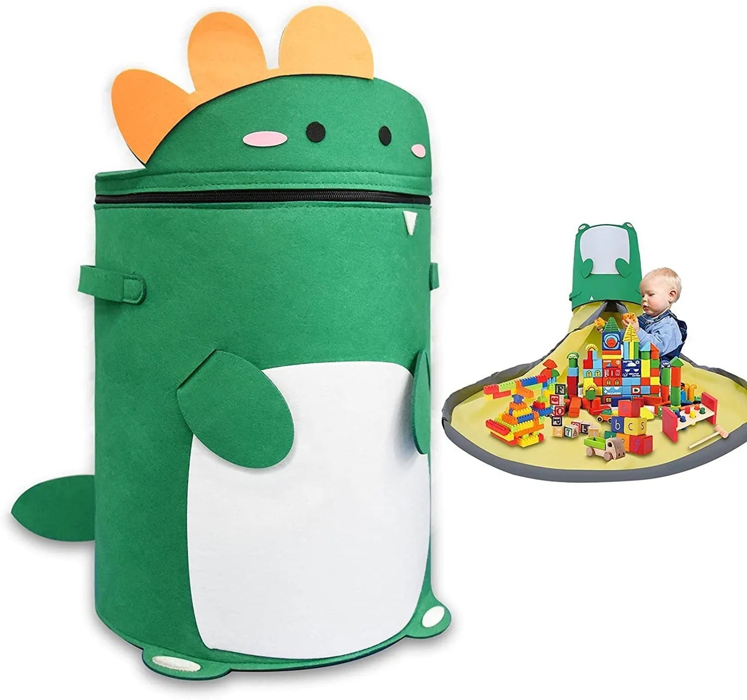 Green foldable felt cube storage bag with pull rope, shown both as a container and laid flat as a play mat.