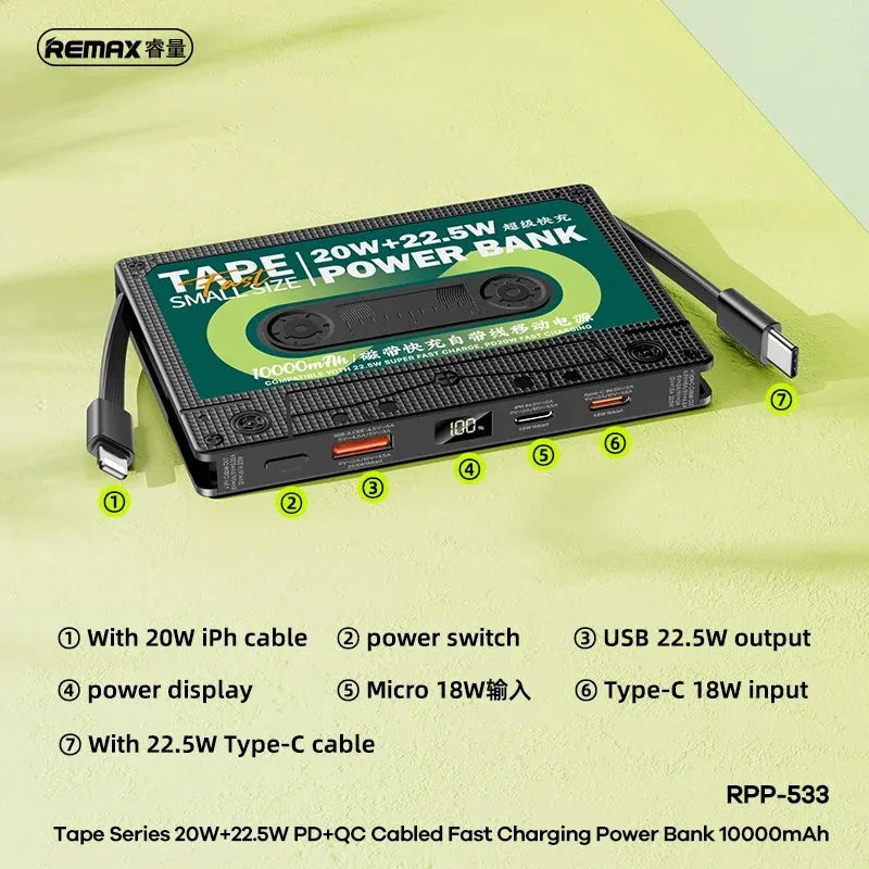 Remax Tape 10 000mAh large capacity portable power bank with retro design and two-way fast charge, black