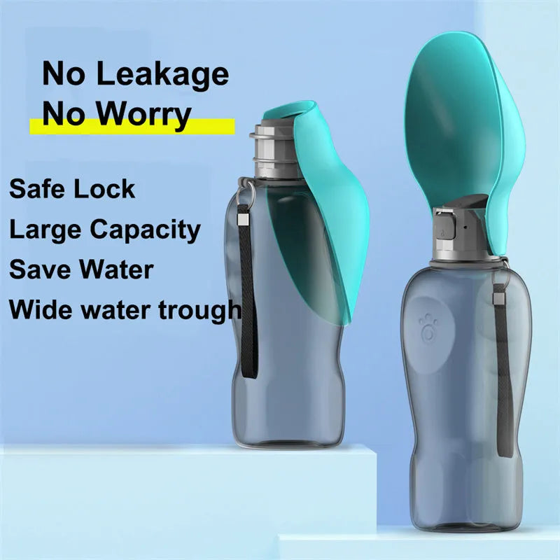 Blue grey portable dog water bottle with foldable drinking bowl showing 800ml capacity