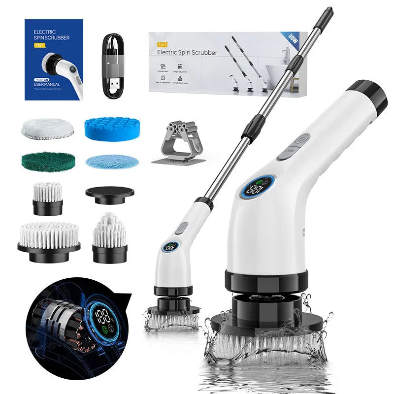 7-in-1 electric rotating cleaning brush with 2500mAh battery, IP67 waterproof, black and grey option