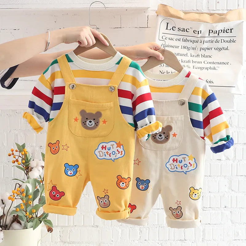 Boys' yellow beige plaid cotton overalls suit with button-up shirt and strap trousers