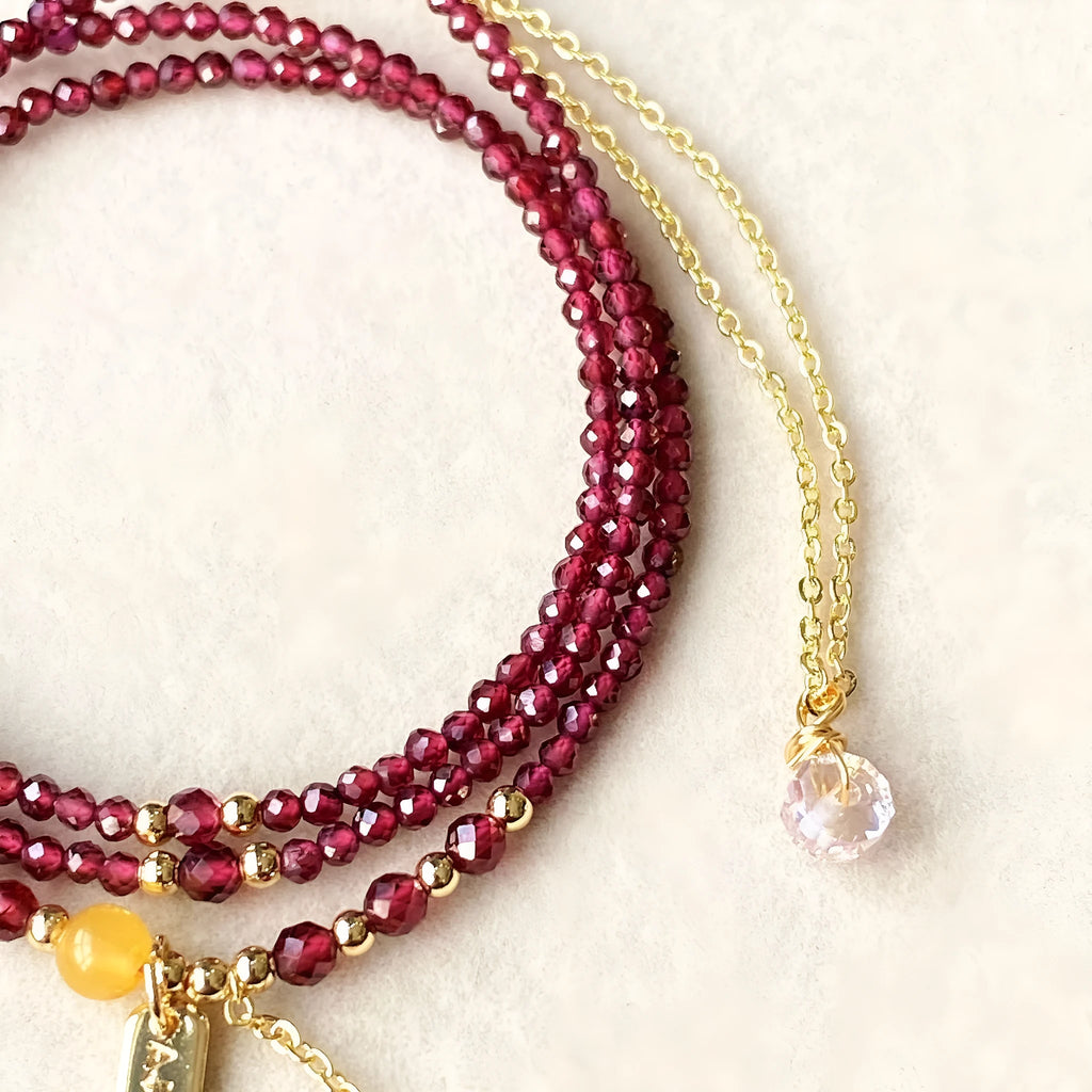 Wine red garnet three circle bracelet and necklace set with 2.5mm beads
