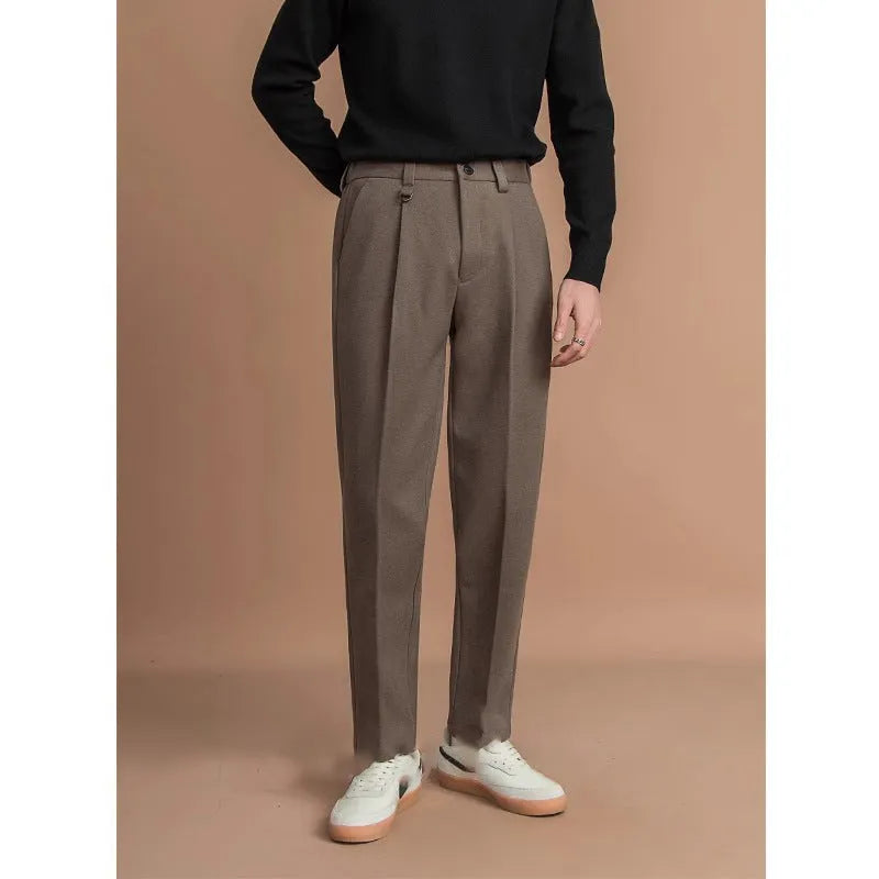 Men's straight-leg trousers in polyester fabric for business casual wear, shown in dark grey colour
