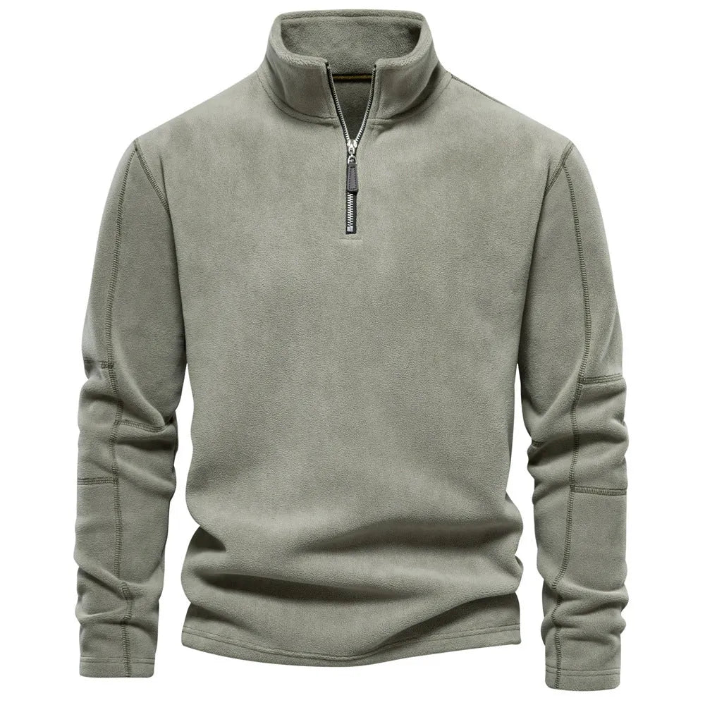 Men's stand-collar zippered sweatshirt with fleece lining in olive green, front view