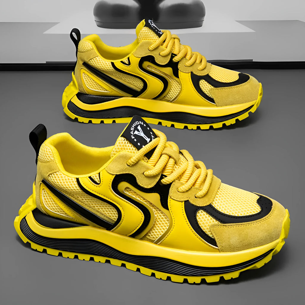 Men's casual sneakers in black, white, or yellow with round toe and lace-up design