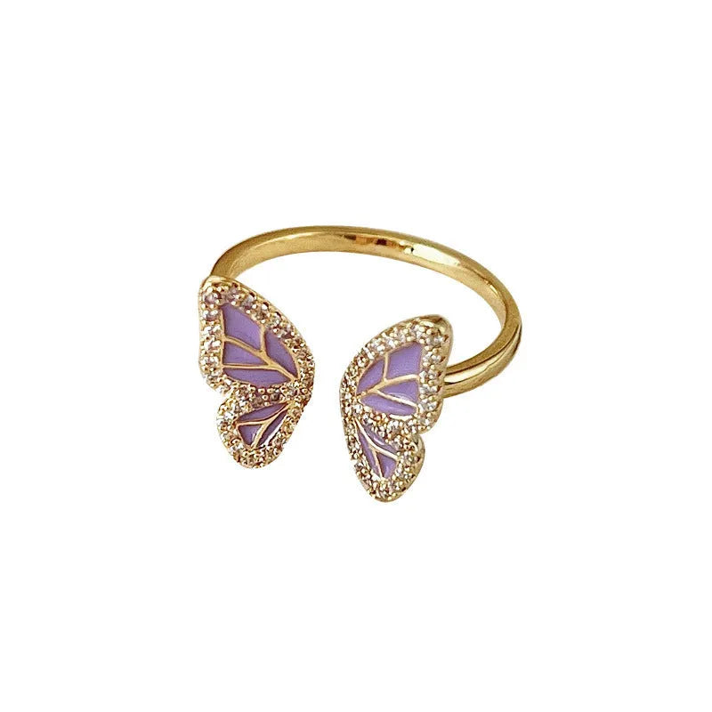 Purple flower cluster butterfly ring for women, copper with electroplating, niche design