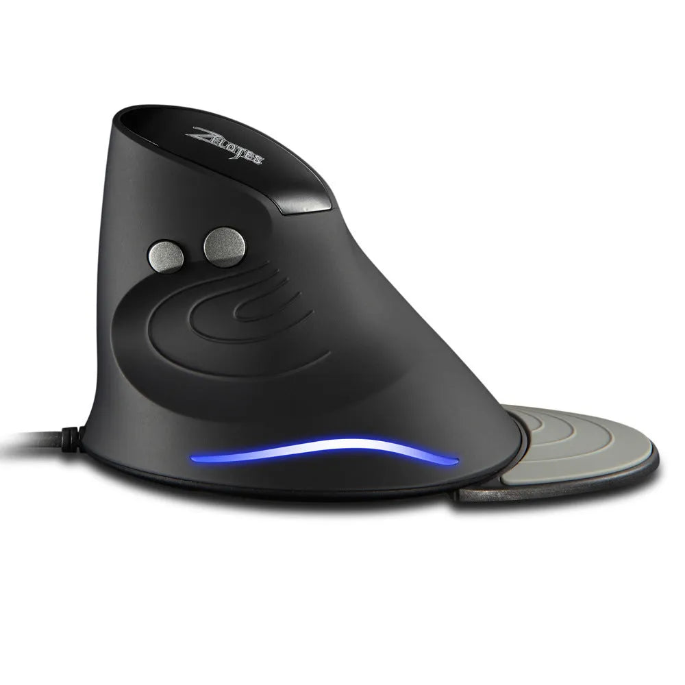 Vertical snail-type ergonomic wired mouse in black with 6 buttons, USB cable, and DPI indicator