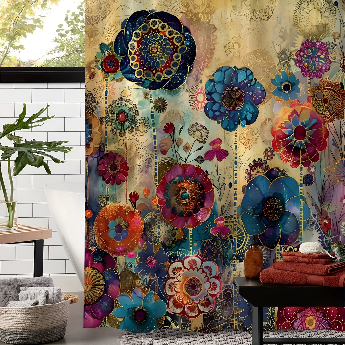 Retro creative flower waterproof polyester shower curtain for bathroom decoration, colour sfq-ys1, with 12 hooks