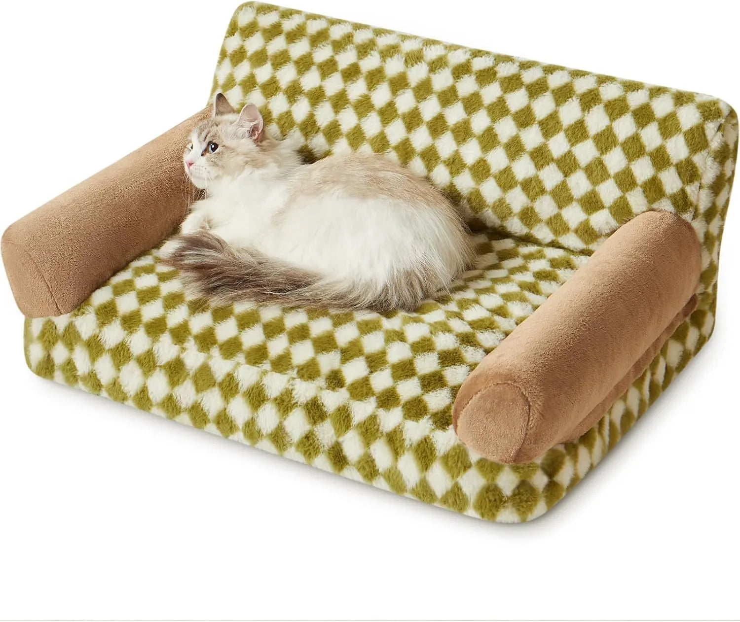 Small grey and white checkered pet sofa bed for a cat, showing non-slip bottom and removable cover.