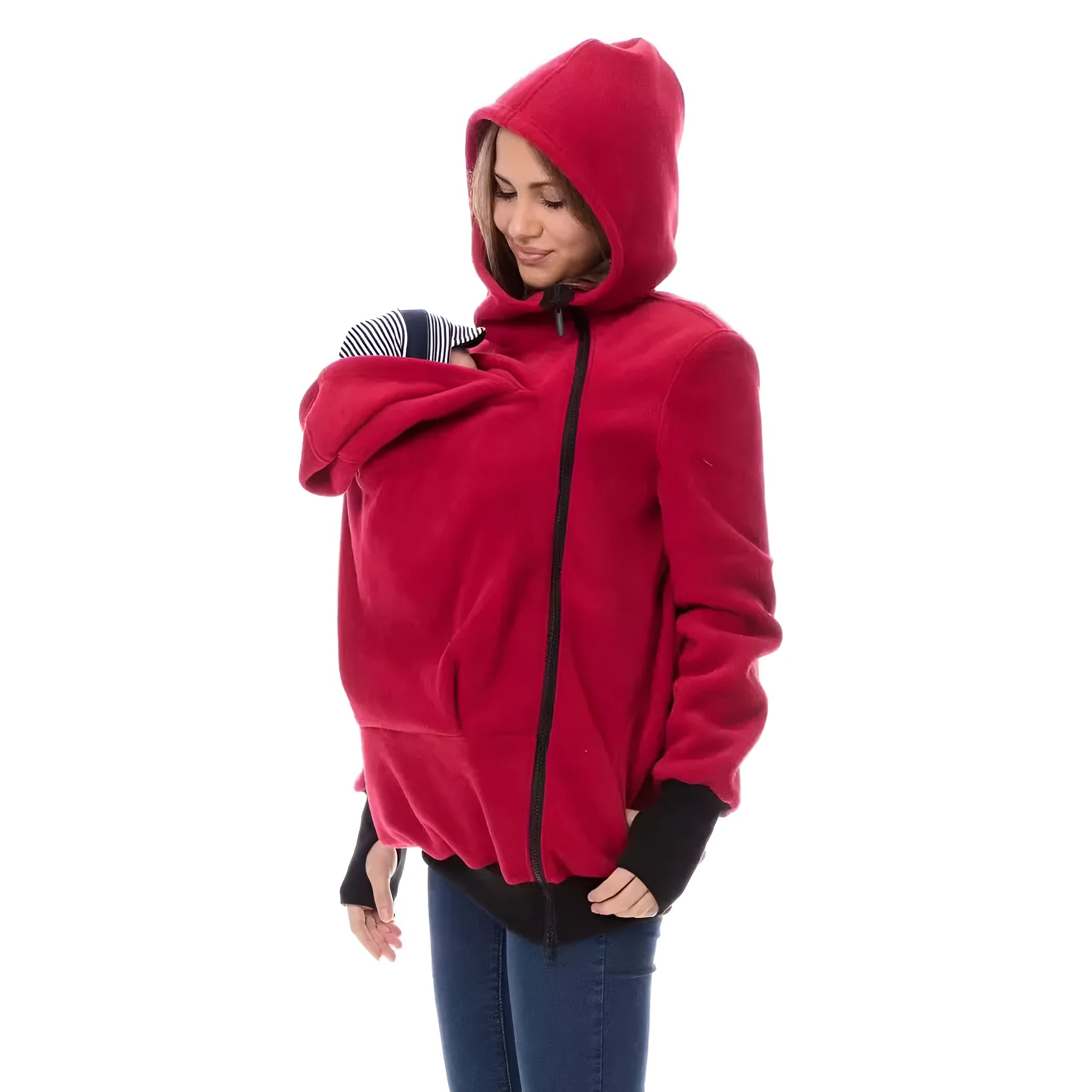 Red women's loose fit polar fleece sweater with long sleeves for autumn and winter.