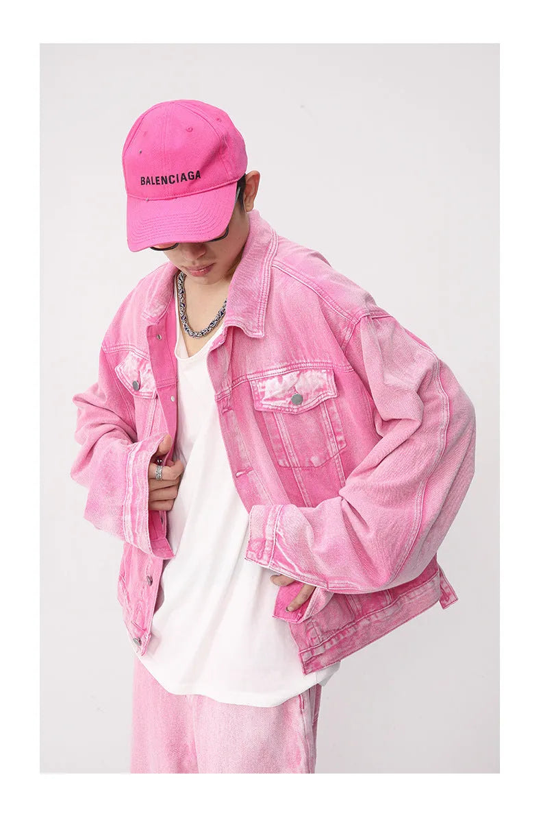 Denim jacket straight jeans set for men cotton spring pink colour
