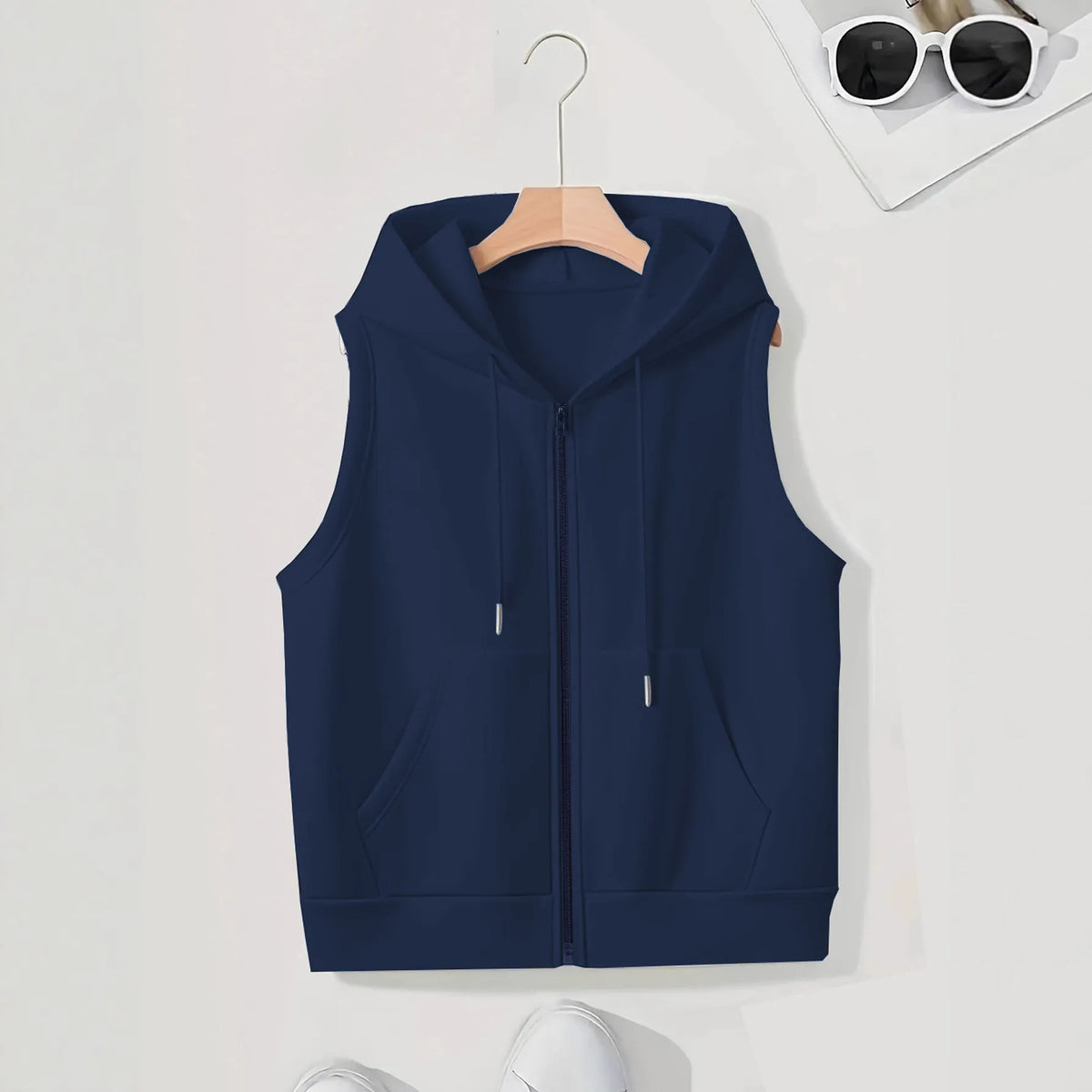 Women's sleeveless slim-fit zip cardigan sweater in white, black, dark blue or purple, sizes S to 3XL