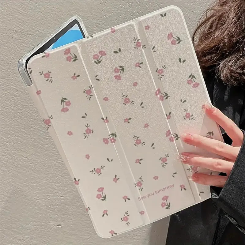 Transparent floral tri-fold tablet case for iPad showing magnetic stand position