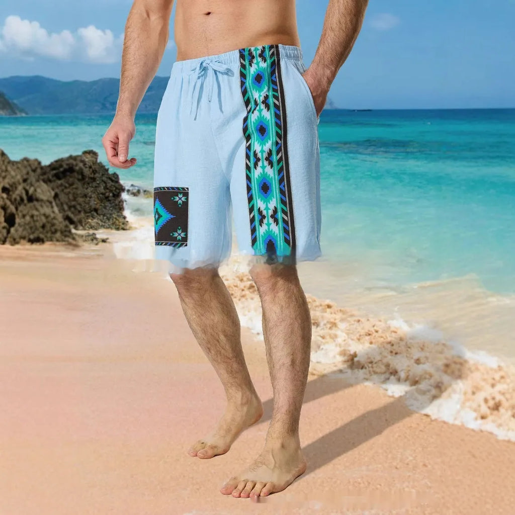 Men's blue colour block digital print casual shorts with drawstring waist