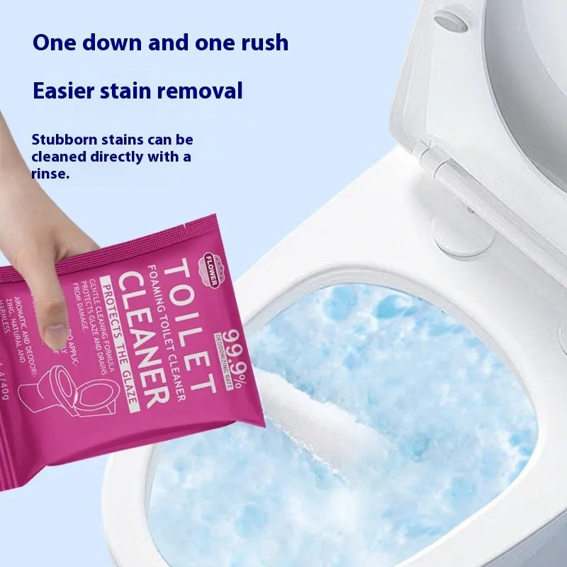 Toilet bubble powder cleaning product in blue ocean or pink floral fragrance, 240g bag or box of 5 sachets.