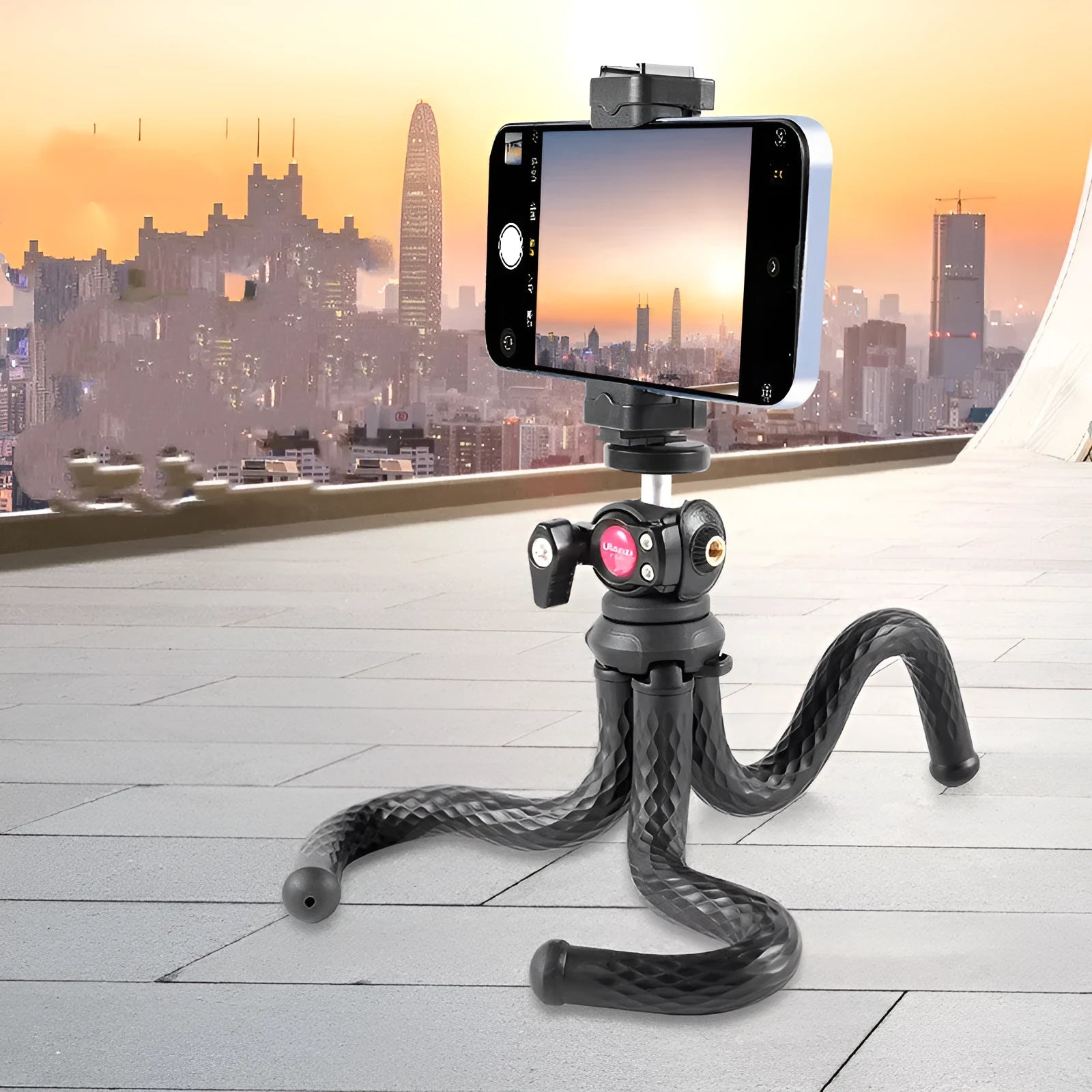 Black octopus mobile phone clip gimbal tripod set FT-01 with flexible legs and phone attachment